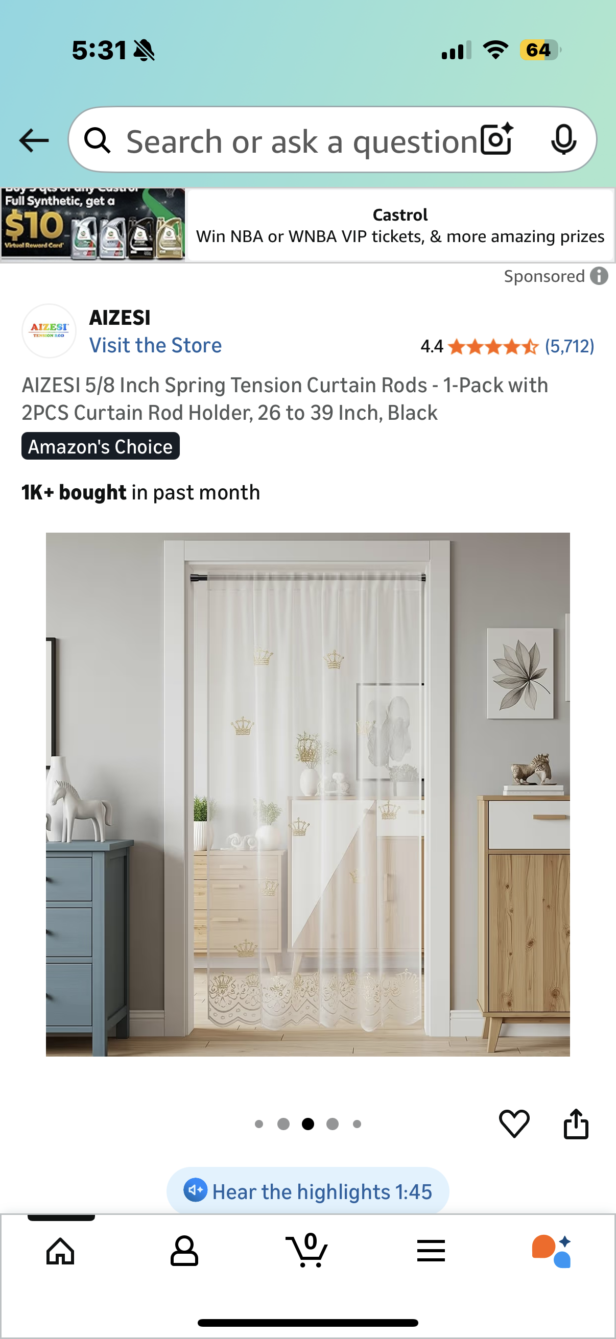 AIZESI 5/8 Inch Spring Tension Curtain Rods - 1-Pack with 2PCS Curtain Rod Holder, 26 to 39 Inch, Black