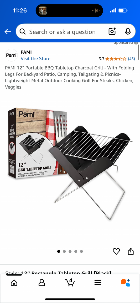 PAMI 12” Portable BBQ Tabletop Charcoal Grill - With Folding Legs For Backyard Patio, Camping, Tailgating & Picnics- Lightweight Metal Outdoor Cooking Grill For Steaks, Chicken, Veggies