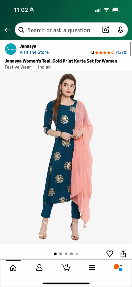 Janasya Women's Teal, Gold Print Kurta Set for Women