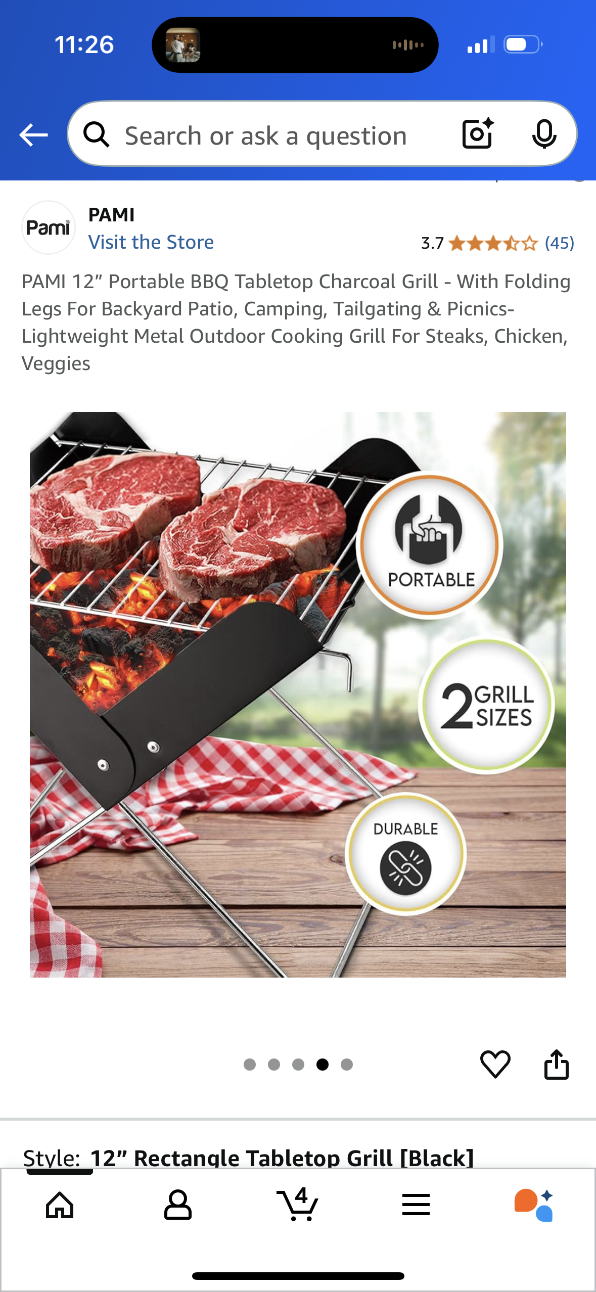 PAMI 12” Portable BBQ Tabletop Charcoal Grill - With Folding Legs For Backyard Patio, Camping, Tailgating & Picnics- Lightweight Metal Outdoor Cooking Grill For Steaks, Chicken, Veggies