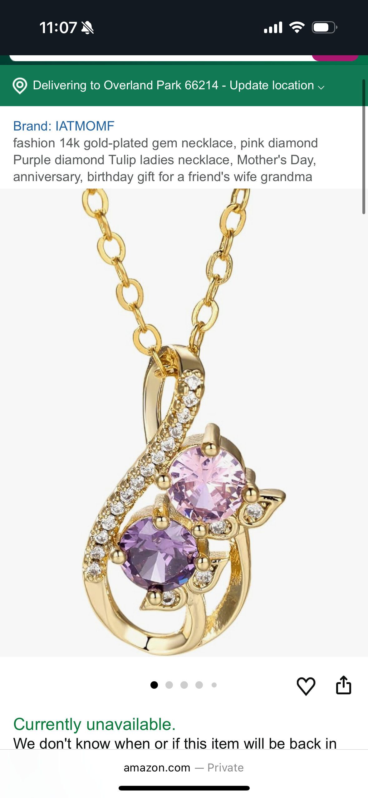 14k gold-plated gem necklace, pink diamond Purple diamond Tulip ladies necklace, Mother's Day, anniversary, birthday gift for a friend's wife grandma