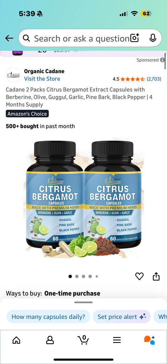 Cadane 2 Packs Citrus Bergamot Extract Capsules with Berberine, Olive, Guggul, Garlic, Pine Bark, Black Pepper | 4 Months Supply