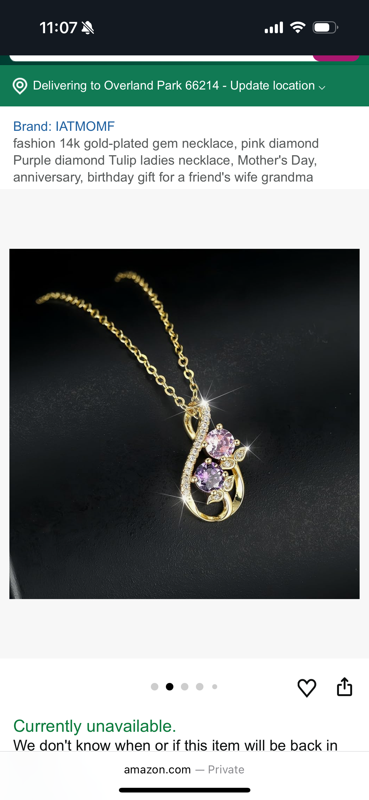 14k gold-plated gem necklace, pink diamond Purple diamond Tulip ladies necklace, Mother's Day, anniversary, birthday gift for a friend's wife grandma