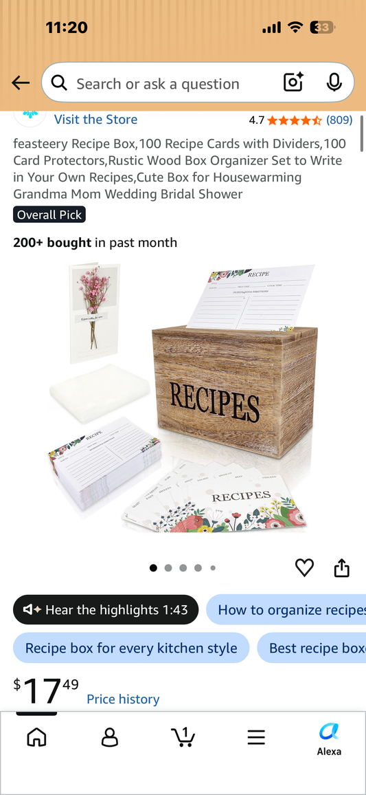 Rustic Wood Recipe Box Organizer Set to Write in Your Own Recipes, Cute Box for Housewarming, Home Decor, Gifting