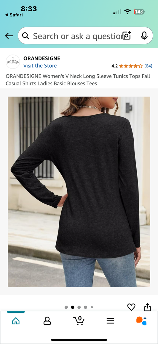 ORANDESIGNE Women's V Neck Long Sleeve Tunics Tops Fall Casual Shirts Ladies Basic Blouses Tees (Size Large)