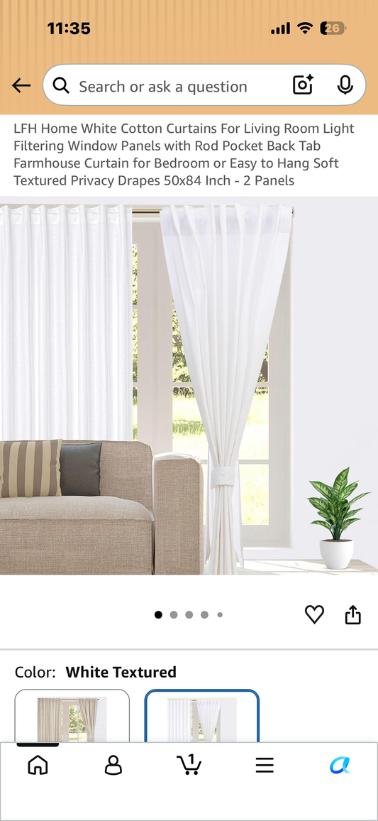LFH Home White Cotton Curtains For Living Room, Light Filtering Slub Duck Weave Window Panels, Easy to Hang, Soft Textured Privacy Drapes, 50x84 Inch - 2 Panels
