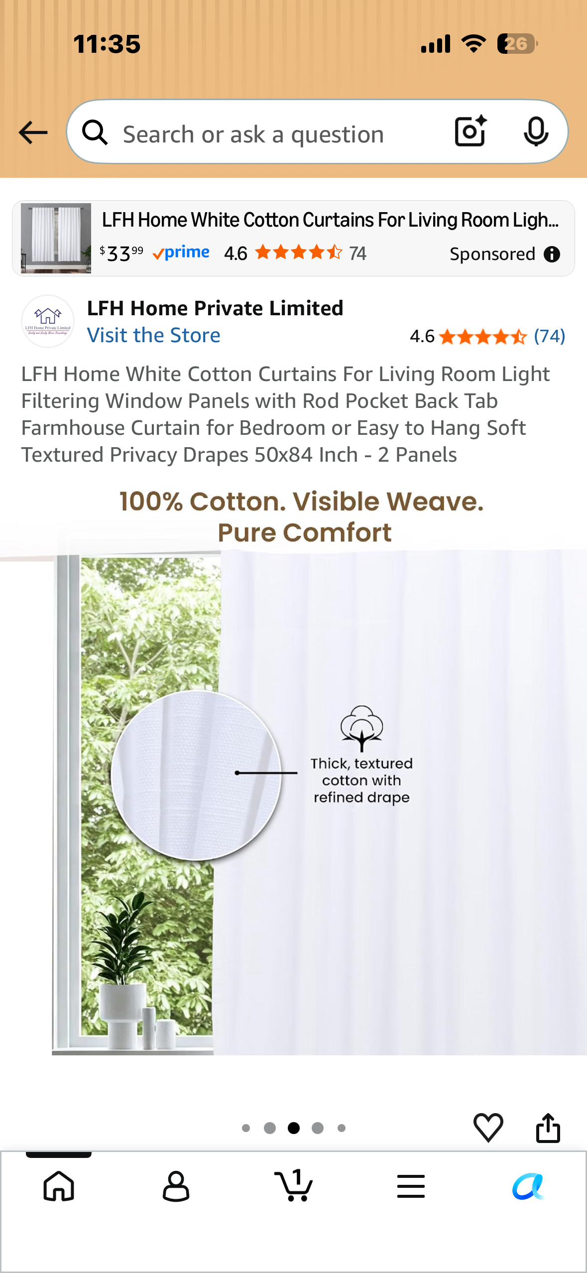 LFH Home White Cotton Curtains For Living Room, Light Filtering Slub Duck Weave Window Panels, Easy to Hang, Soft Textured Privacy Drapes, 50x84 Inch - 2 Panels