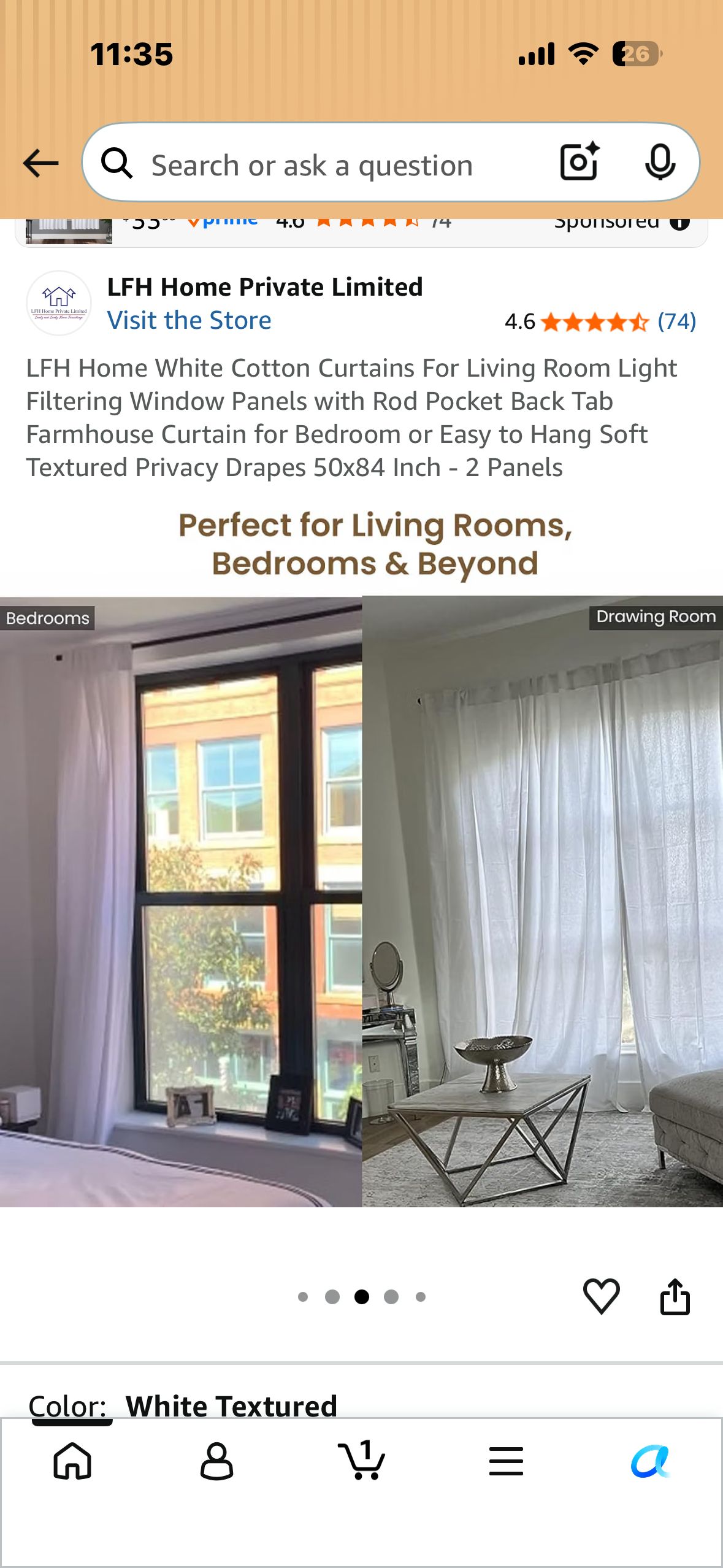 LFH Home White Cotton Curtains For Living Room, Light Filtering Slub Duck Weave Window Panels, Easy to Hang, Soft Textured Privacy Drapes, 50x84 Inch - 2 Panels