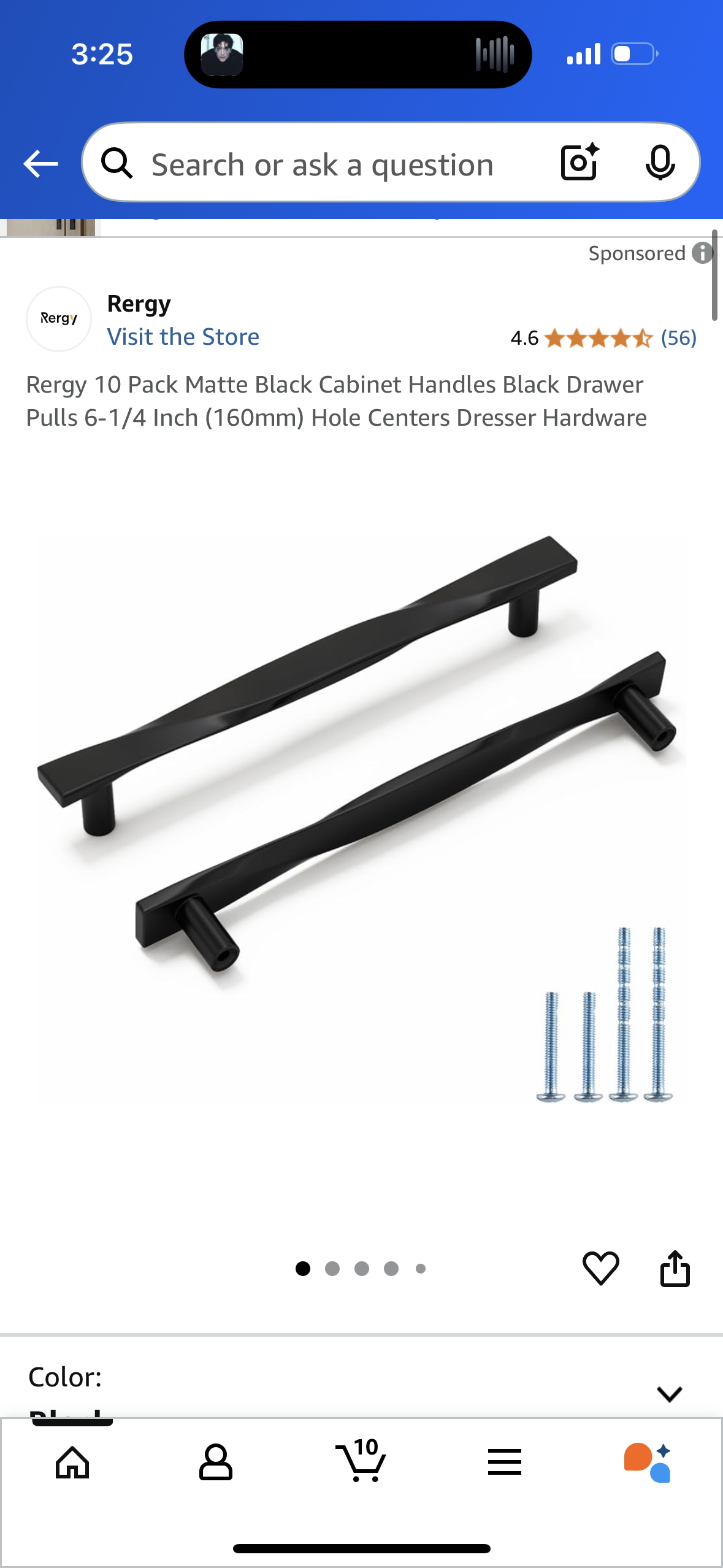 Rergy 10 Pack Matte Black Cabinet Handles Black Drawer Pulls 6-1/4 Inch (160mm) Hole Centers Dresser Hardware