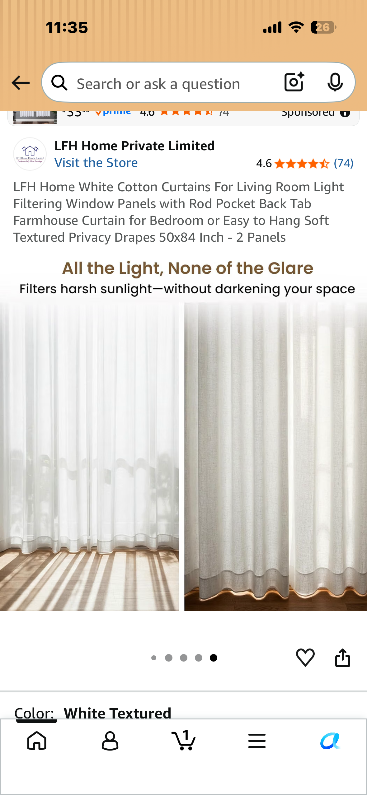 LFH Home White Cotton Curtains For Living Room, Light Filtering Slub Duck Weave Window Panels, Easy to Hang, Soft Textured Privacy Drapes, 50x84 Inch - 2 Panels