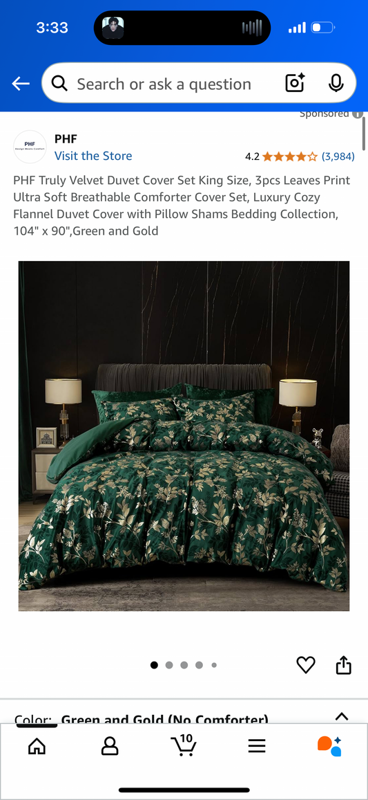 PHF Truly Velvet Duvet Cover Set King Size, 3pcs Leaves Print Ultra Soft Breathable Comforter Cover Set, Luxury Cozy Flannel Duvet Cover with Pillow Shams Bedding Collection, 104" x 90",Green and Gold