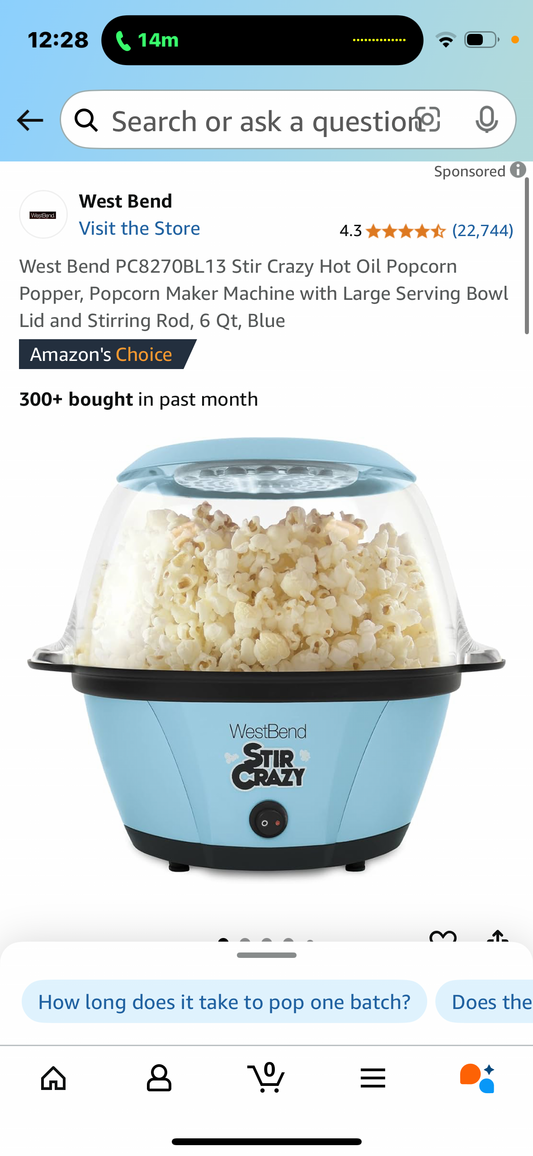 West Bend PC8270BL13 Stir Crazy Hot Oil Popcorn Popper, Popcorn Maker Machine with Large Serving Bowl Lid and Stirring Rod, 6 Qt, Blue