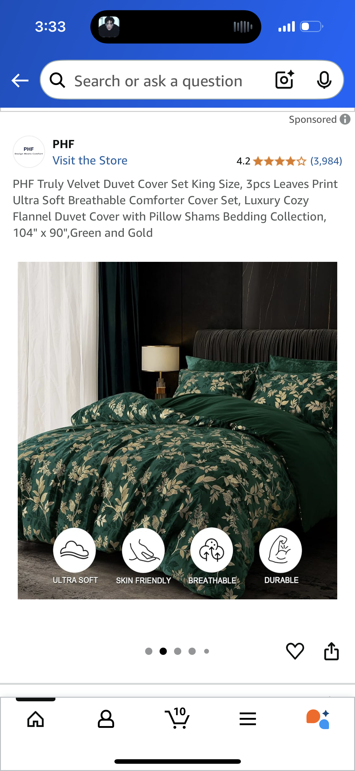 PHF Truly Velvet Duvet Cover Set King Size, 3pcs Leaves Print Ultra Soft Breathable Comforter Cover Set, Luxury Cozy Flannel Duvet Cover with Pillow Shams Bedding Collection, 104" x 90",Green and Gold