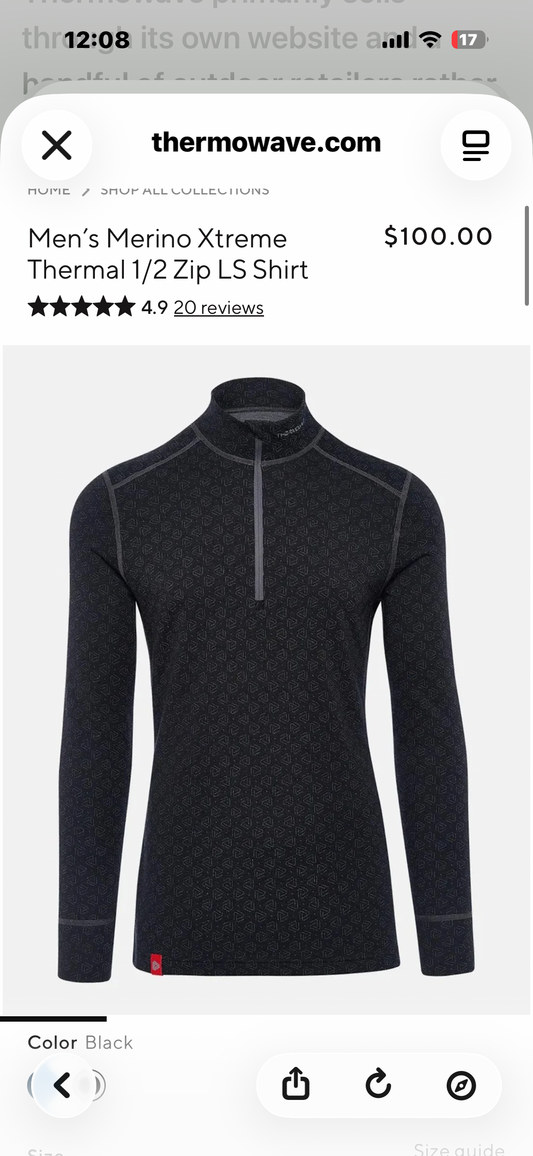 Thermowave Merino Xtreme Performance Base Layer,     Men’s Long Sleeve 1/2 Zip (Size XXL)