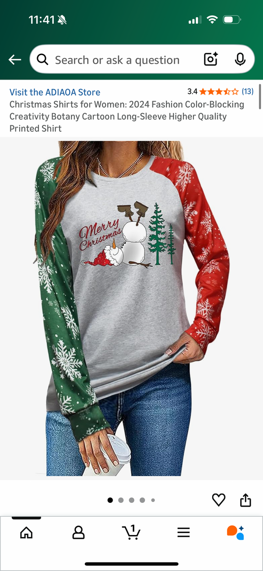 Christmas Shirts for Women, Color-Blocking, Cartoon Long-Sleeve (Size Medium)
