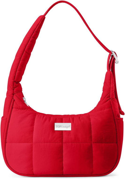 TOPDesign Quilted Puffer Shoulder Bag for Women, Trendy Lightweight, Red