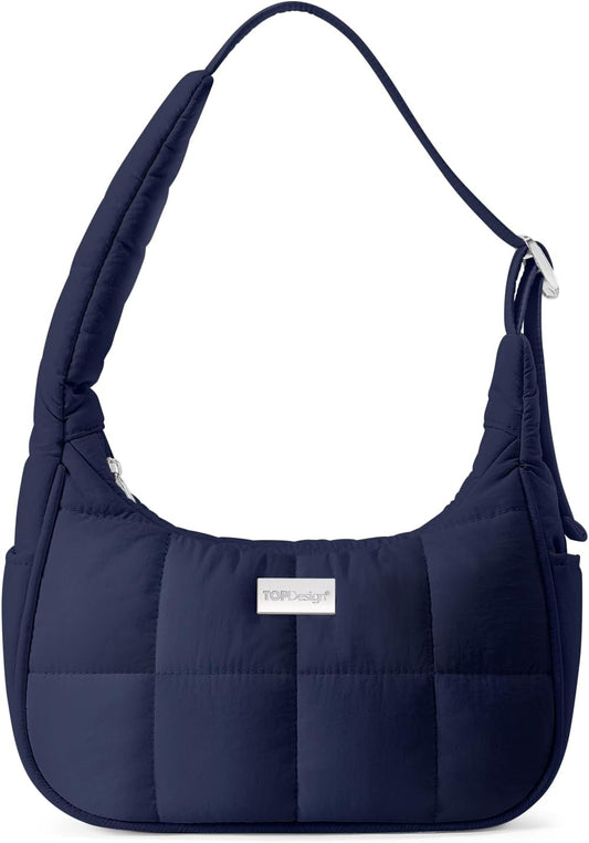 TOPDesign Quilted Puffer Shoulder Bag for Women, Trendy Lightweight, Navy Blue