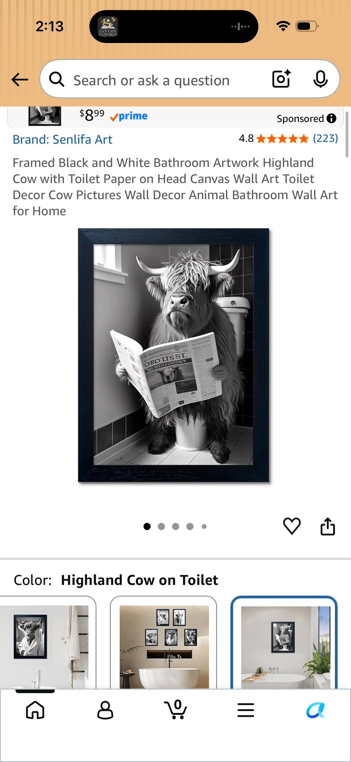 Framed Black and White Bathroom Artwork Highland Cow with Toilet Paper on Head Canvas Wall Art Toilet Decor Cow Pictures Wall Decor Animal Bathroom Wall Art for Home