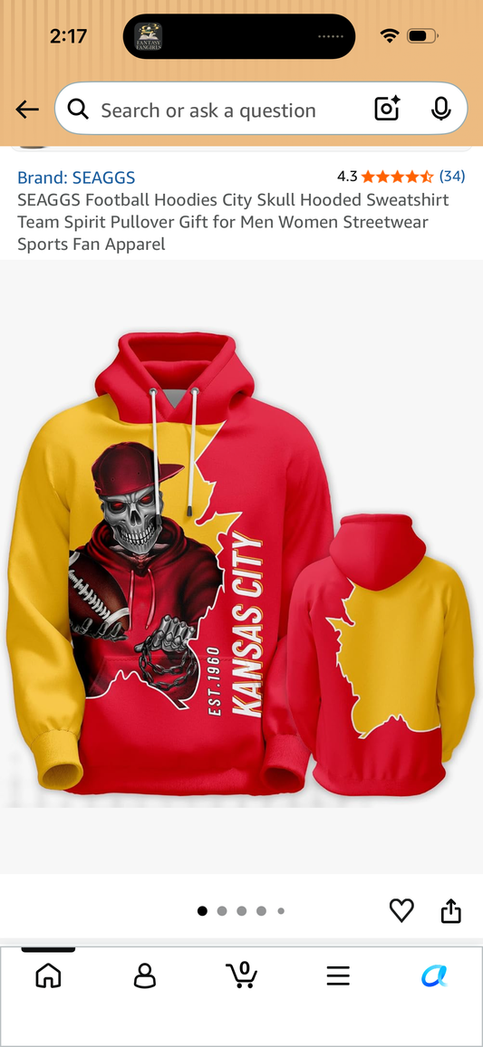 SEAGGS Football Hoodies City Skull Hooded Sweatshirt Team Spirit Pullover Gift for Men Women Streetwear Sports Fan Apparel (Size XX-Large)