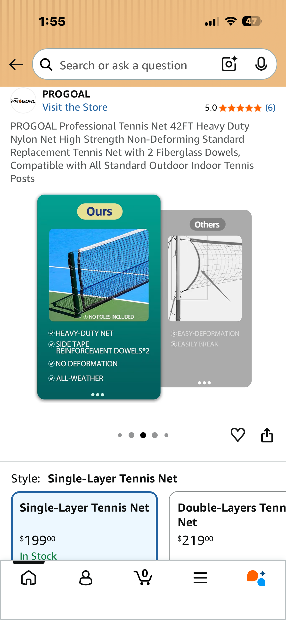 PROGOAL Professional Tennis Net, 42FT Heavy Duty Nylon Net, High Strength Non-Deforming Standard Replacement Tennis Net with 2 Fiberglass Dowels, Compatible with All Standard Outdoor/Indoor Tennis Posts (W667)