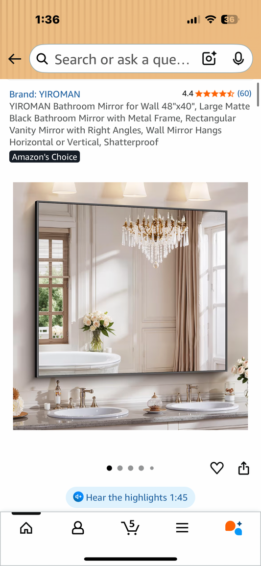 YIROMAN Wall Mirror 48"x40", Large Matte Black Mirror with Metal Frame, Rectangular Vanity Mirror with Right Angles, Wall Mirror Hangs Horizontal or Vertical, Shatterproof (M400)