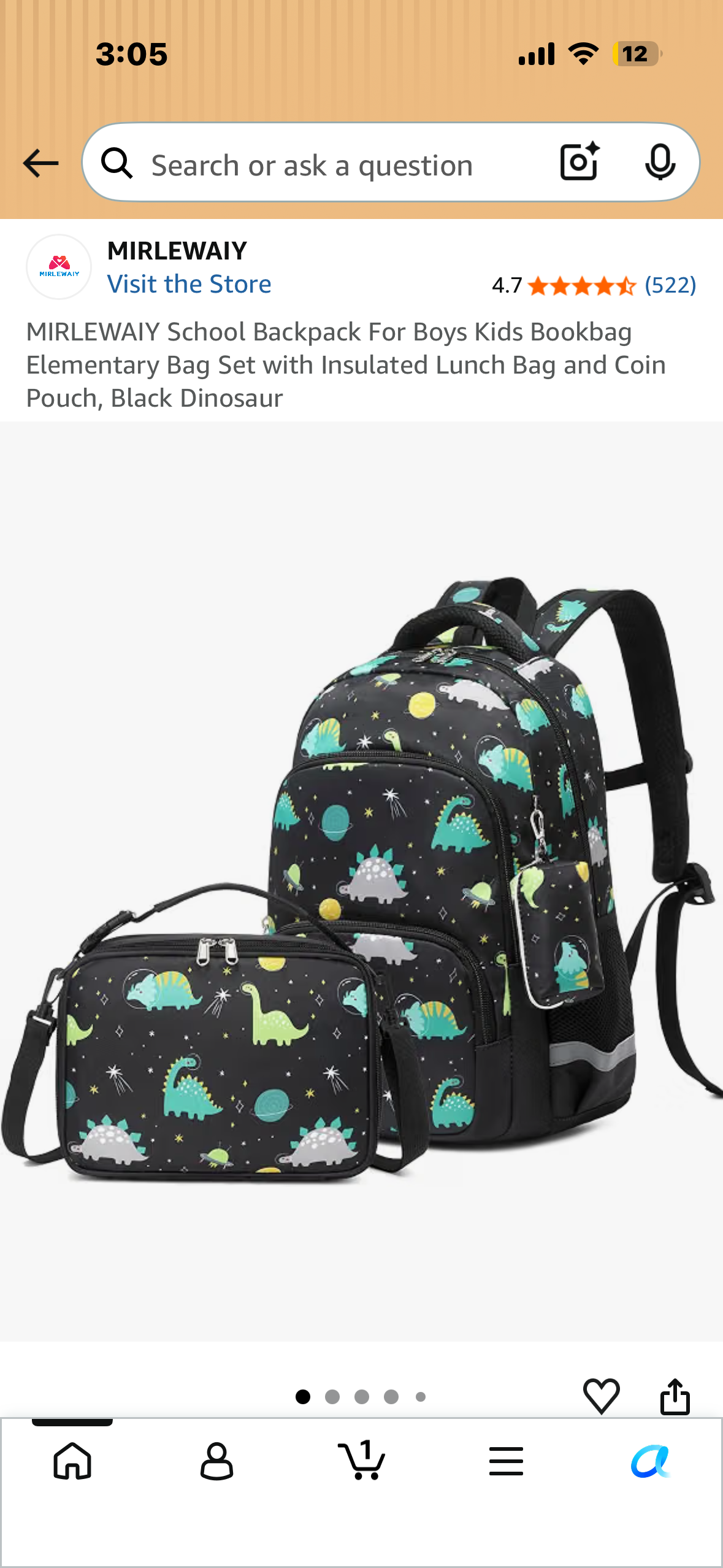 MIRLEWAIY School Backpack For Boys Kids Bookbag Elementary Bag Set with Insulated Lunch Bag and Coin Pouch, Black Dinosaur