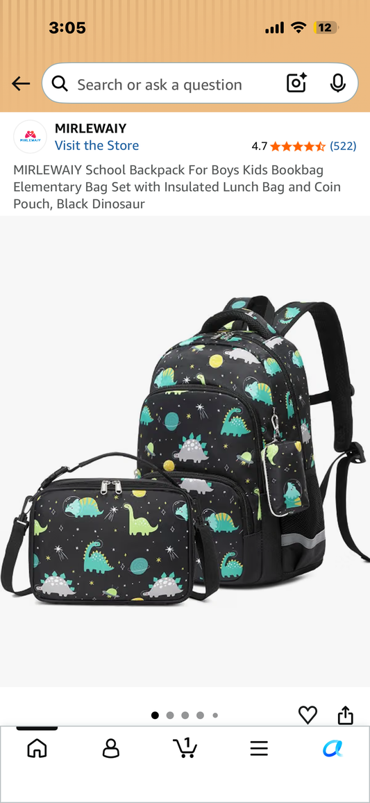 MIRLEWAIY School Backpack For Boys Kids Bookbag Elementary Bag Set with Insulated Lunch Bag and Coin Pouch, Black Dinosaur