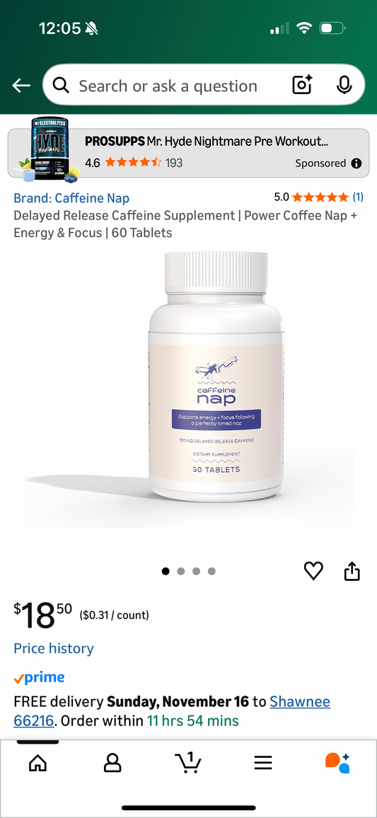 Delayed Release Caffeine Supplement | Power Coffee Nap + Energy & Focus | 60 Tablets
