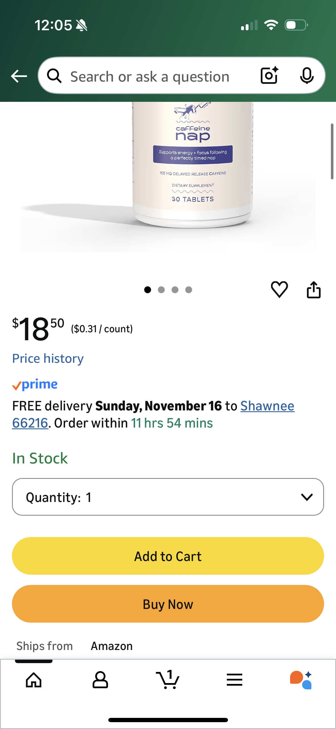 Delayed Release Caffeine Supplement | Power Coffee Nap + Energy & Focus | 60 Tablets