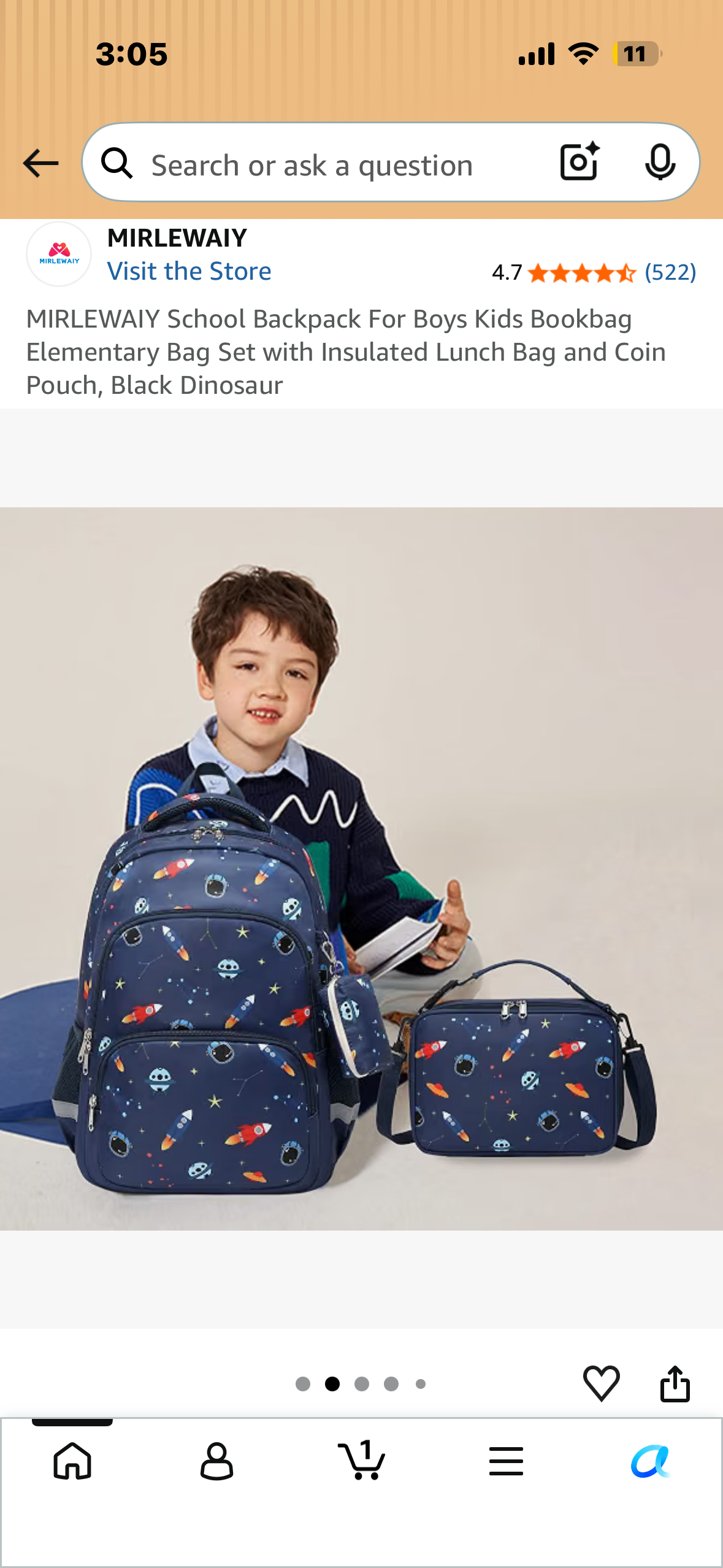 MIRLEWAIY School Backpack For Boys Kids Bookbag Elementary Bag Set with Insulated Lunch Bag and Coin Pouch, Black Dinosaur