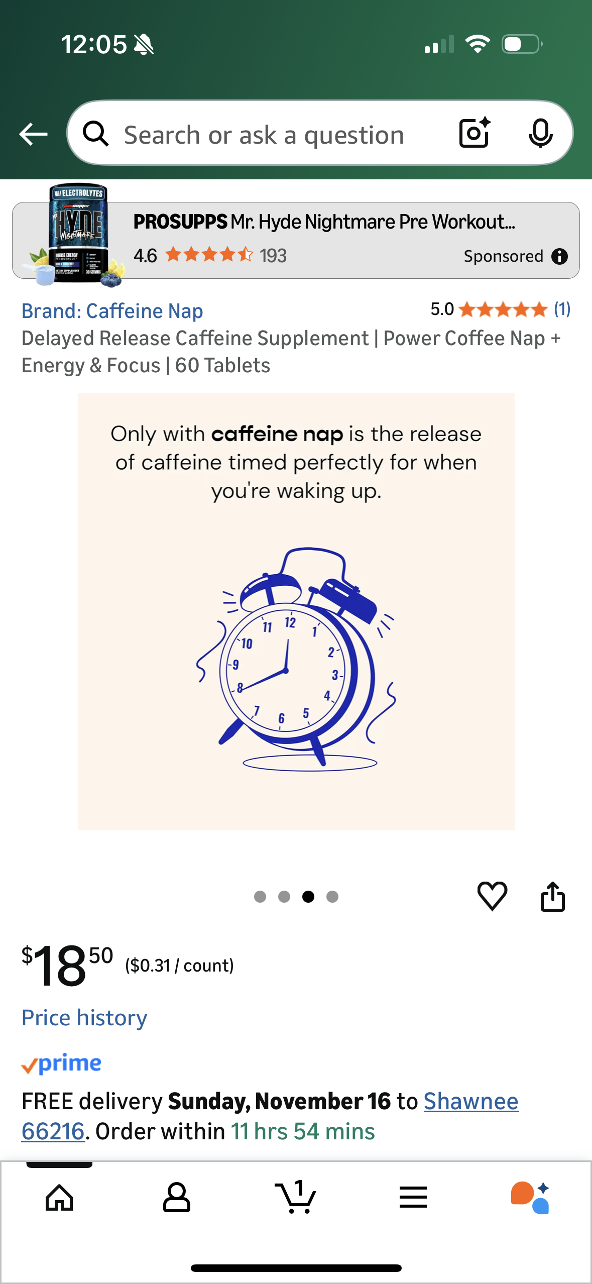 Delayed Release Caffeine Supplement | Power Coffee Nap + Energy & Focus | 60 Tablets