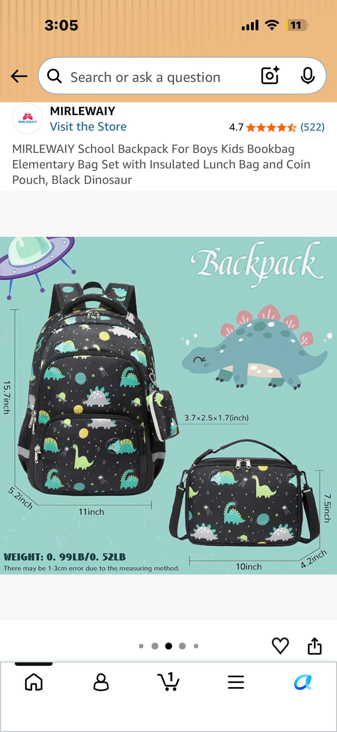 MIRLEWAIY School Backpack For Boys Kids Bookbag Elementary Bag Set with Insulated Lunch Bag and Coin Pouch, Black Dinosaur