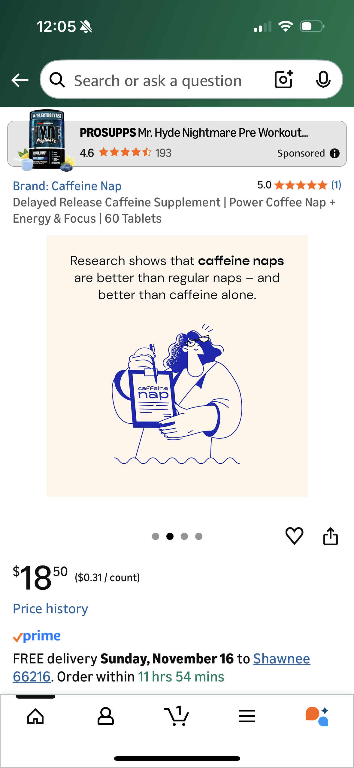 Delayed Release Caffeine Supplement | Power Coffee Nap + Energy & Focus | 60 Tablets