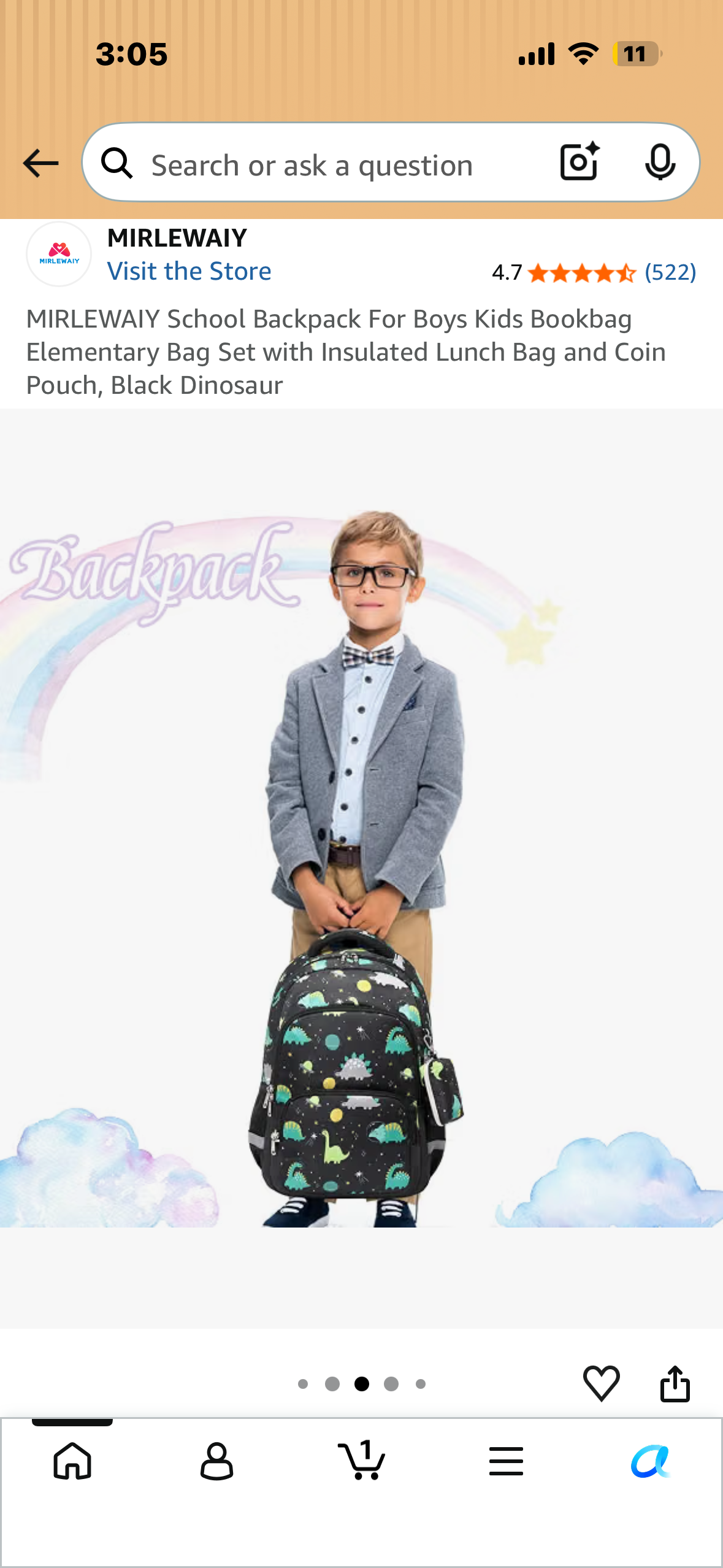 MIRLEWAIY School Backpack For Boys Kids Bookbag Elementary Bag Set with Insulated Lunch Bag and Coin Pouch, Black Dinosaur