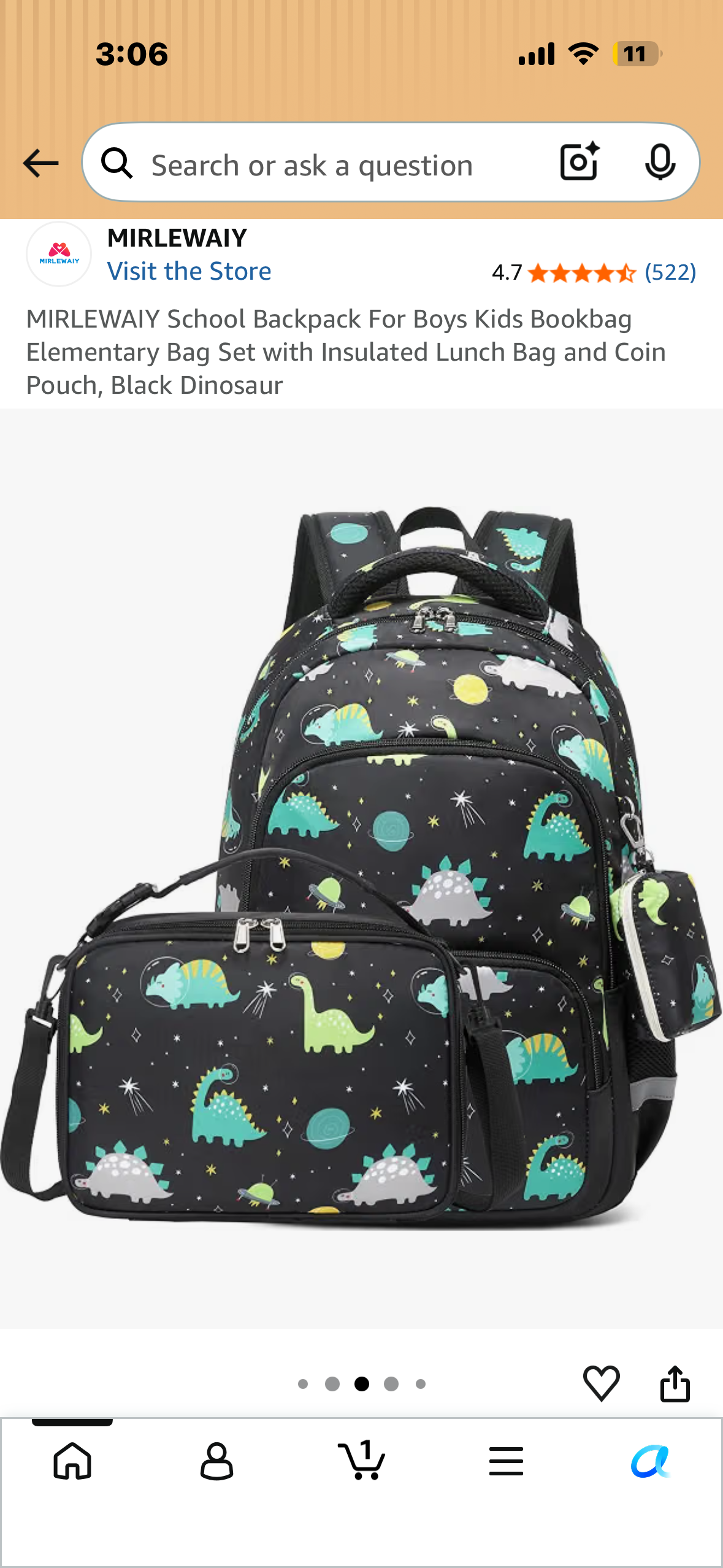 MIRLEWAIY School Backpack For Boys Kids Bookbag Elementary Bag Set with Insulated Lunch Bag and Coin Pouch, Black Dinosaur