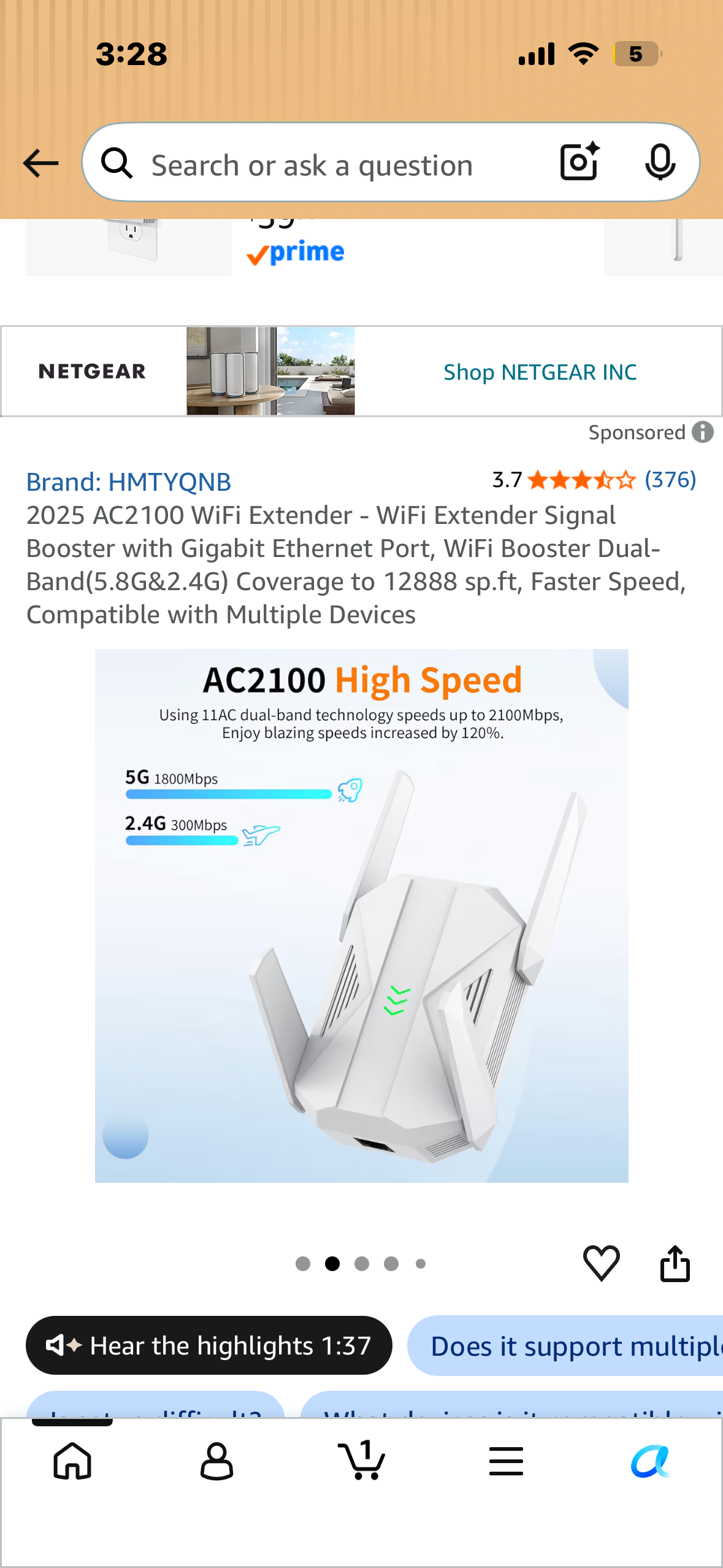 Dual-band wireless repeater model A26 with AC2100 technology, 2.4GHz frequency at 300Mbps, 5.8GHz frequency at 1800Mbps