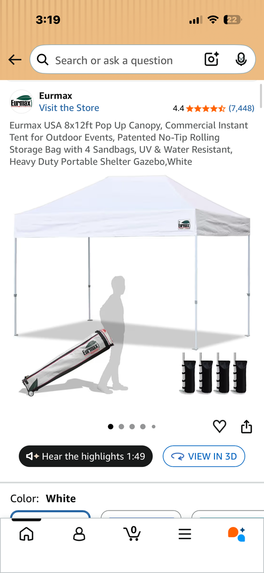 Eurmax USA 8x12ft Pop Up Canopy, Commercial Instant Tent for Outdoor Events, Patented No-Tip Rolling Storage Bag, Heavy Duty Portable Shelter,White (CP8)