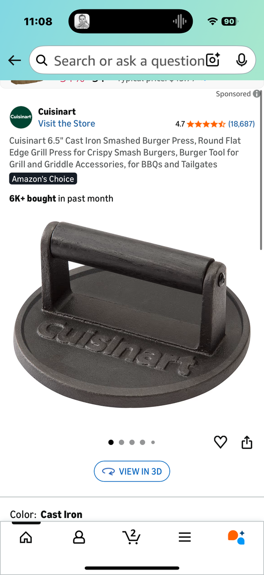 Cuisinart 6.5" Cast Iron Smashed Burger Press, Round Flat Edge Grill Press for Crispy Smash Burgers, Burger Tool for Grill and Griddle Accessories, for BBQs and Tailgates