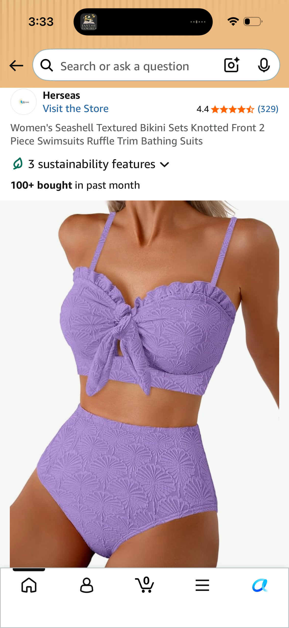 Women's Seashell Textured Bikini Sets Knotted Front 2 Piece Swimsuits Ruffle Trim Bathing Suits (Size Large)