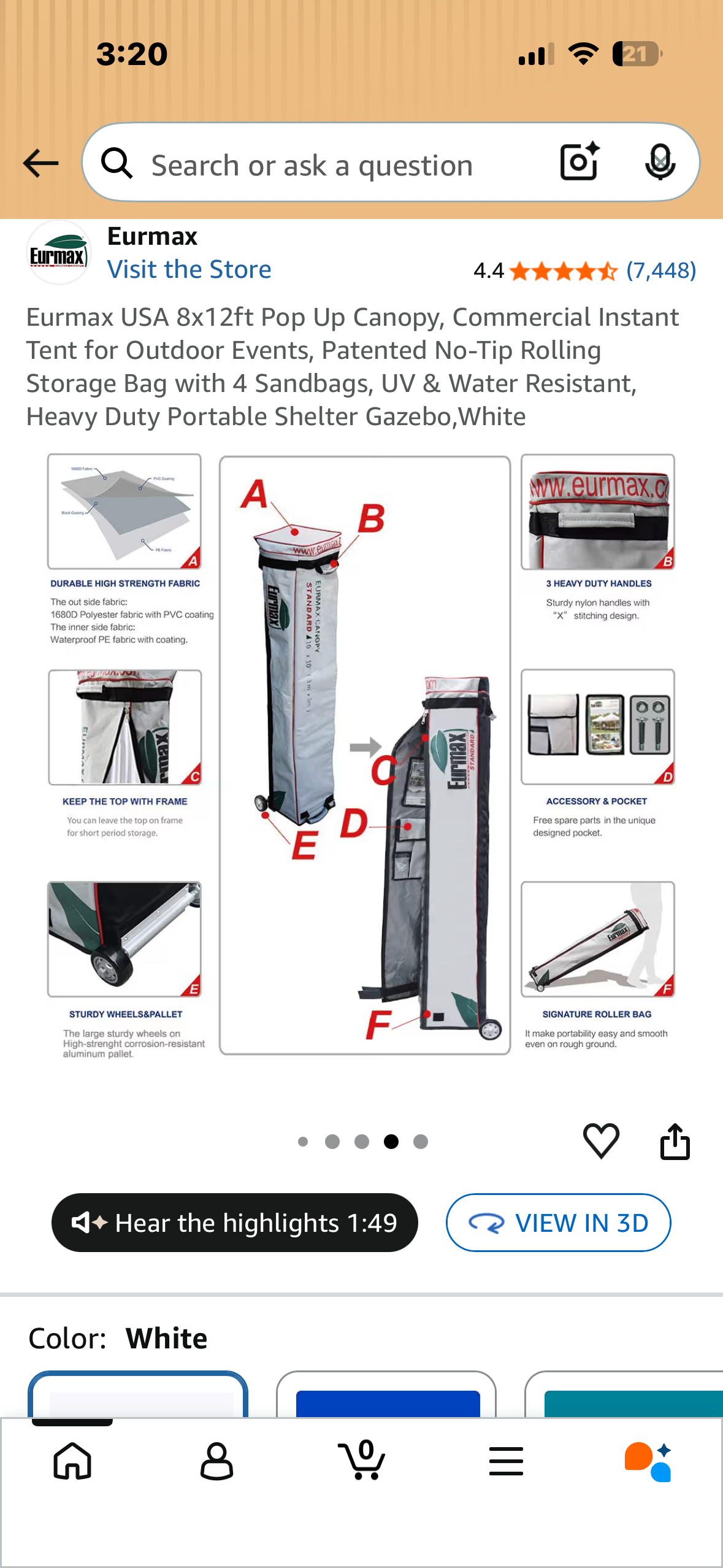 Eurmax USA 8x12ft Pop Up Canopy, Commercial Instant Tent for Outdoor Events, Patented No-Tip Rolling Storage Bag, Heavy Duty Portable Shelter,White (CP8)