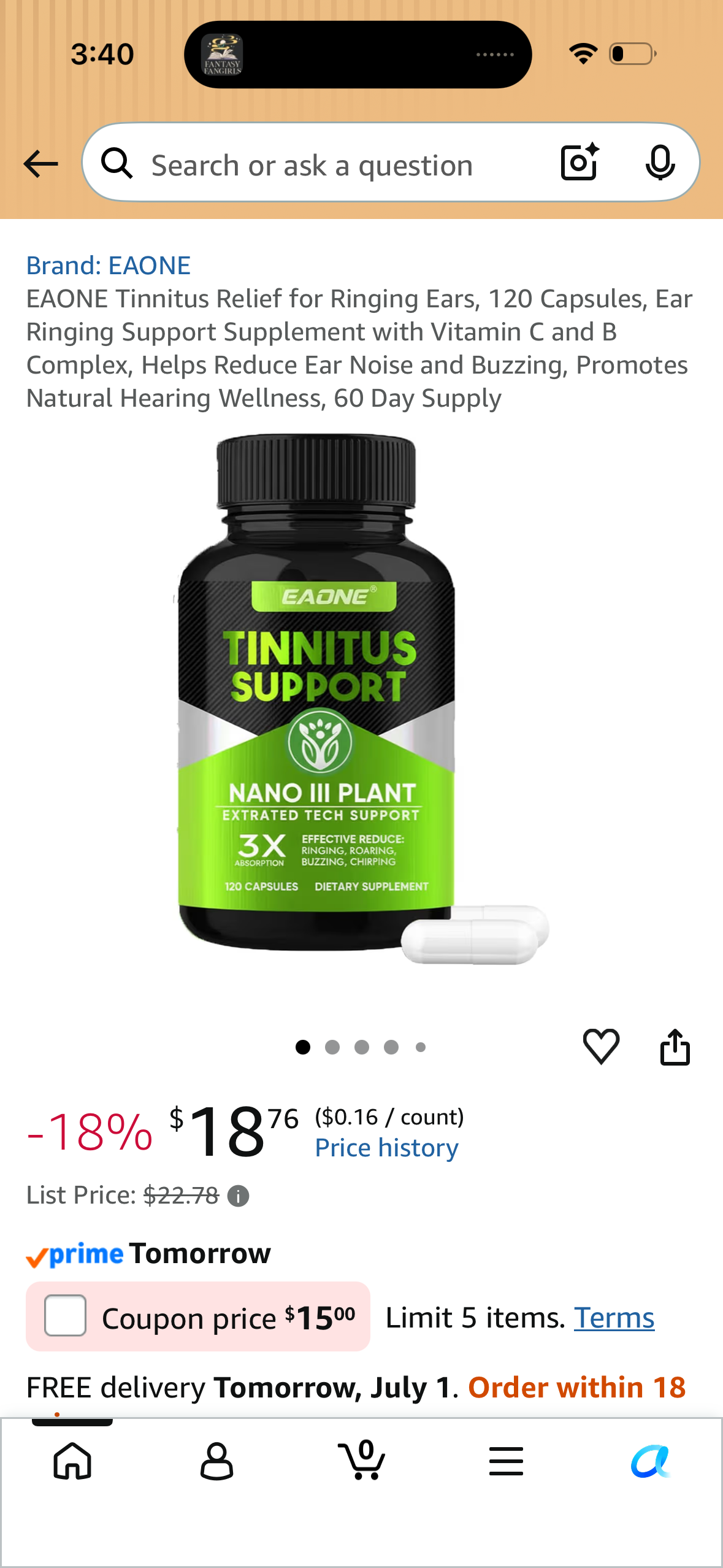 EAONE Tinnitus Relief for Ringing Ears, 120 Capsules, Ear Ringing Support Supplement with Vitamin C and B Complex, Helps Reduce Ear Noise and Buzzing, Promotes Natural Hearing Wellness, 60 Day Supply
