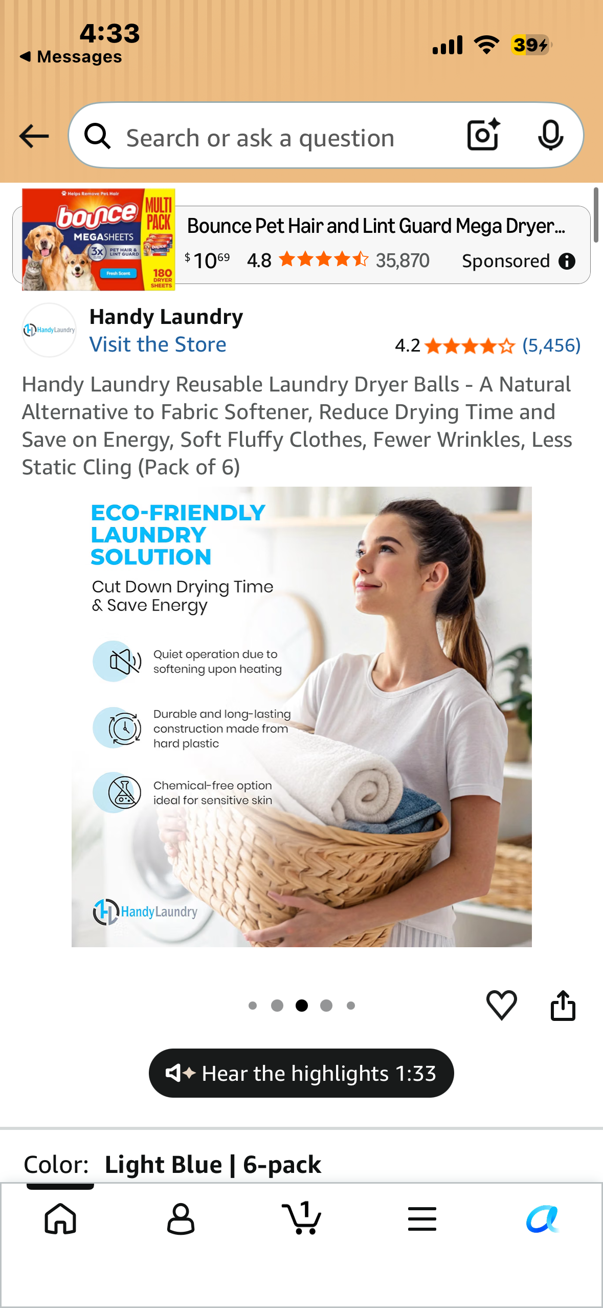 Handy Laundry Reusable Laundry Dryer Balls - A Natural Alternative to Fabric Softener, Reduce Drying Time and Save on Energy, Soft Fluffy Clothes, Fewer Wrinkles, Less Static Cling (Pack of 6)