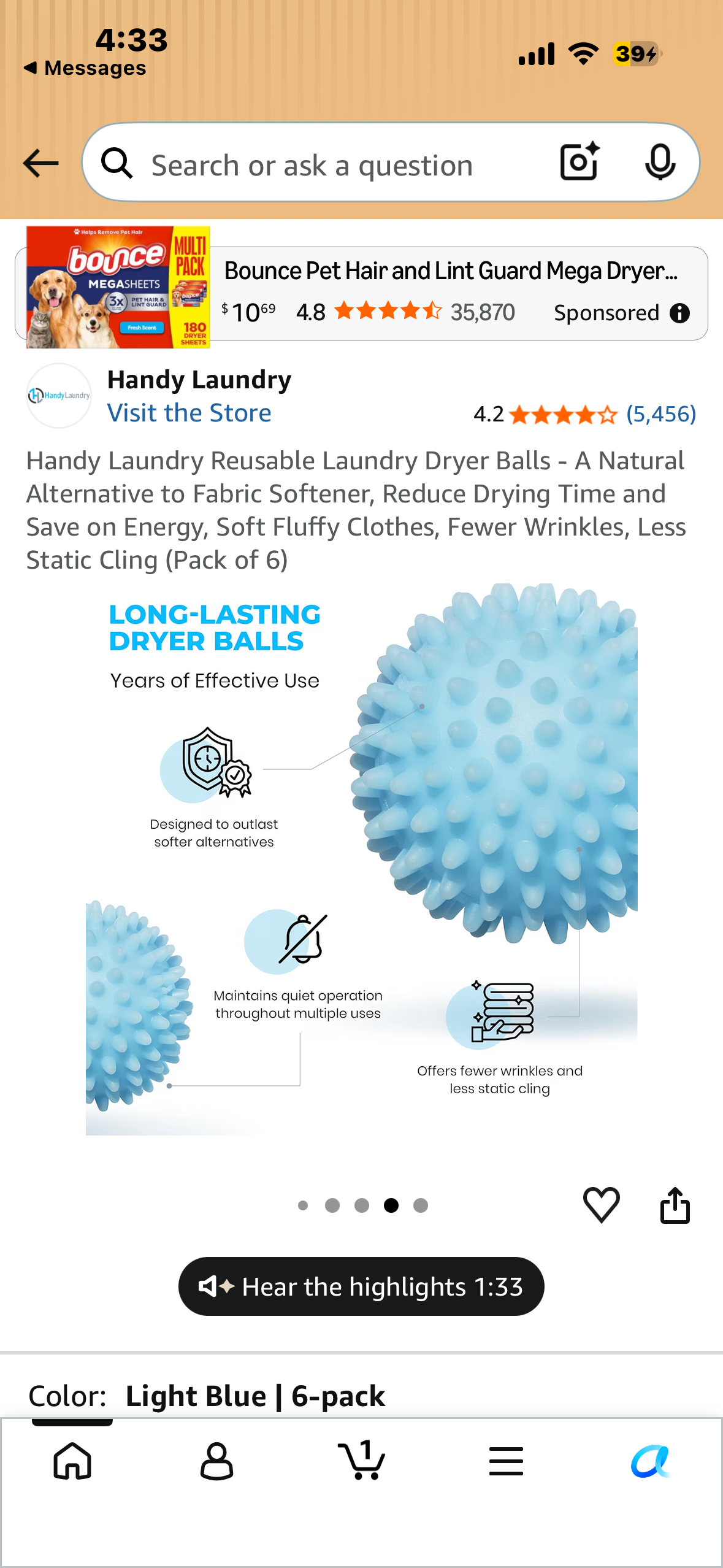 Handy Laundry Reusable Laundry Dryer Balls - A Natural Alternative to Fabric Softener, Reduce Drying Time and Save on Energy, Soft Fluffy Clothes, Fewer Wrinkles, Less Static Cling (Pack of 6)