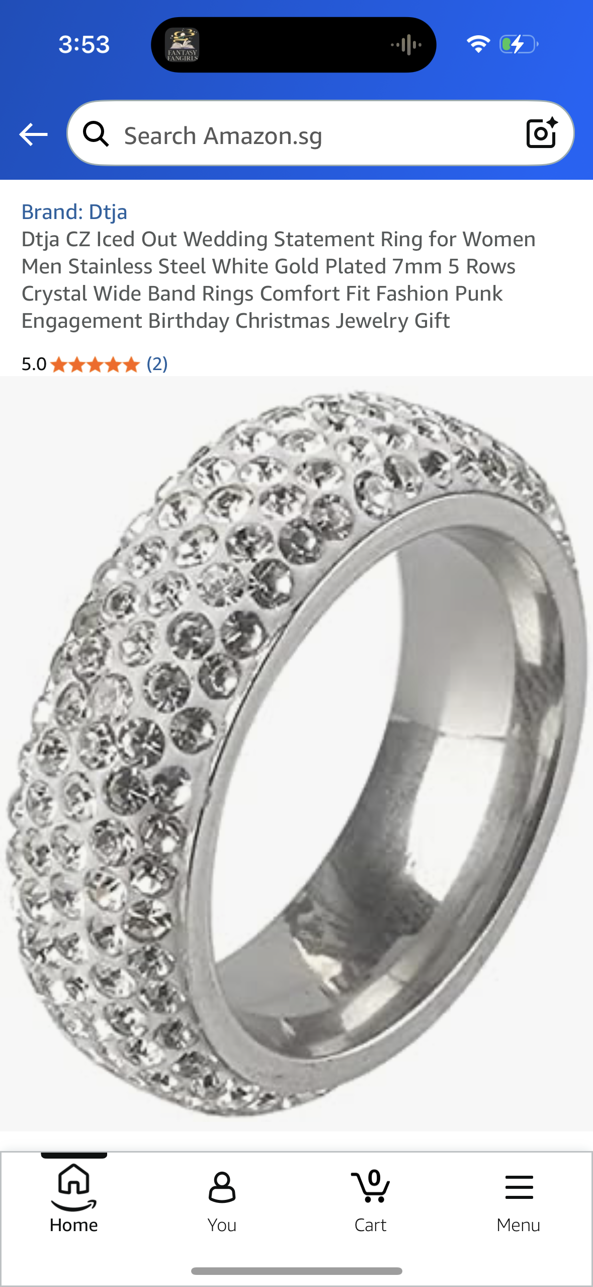 Dtja CZ Iced Out Wedding Statement Ring for Women Men Stainless Steel White Gold Plated 7mm 5 Rows Crystal Wide Band Rings Comfort Fit Fashion Punk Engagement Birthday Christmas Jewelry Gift (Size 9)