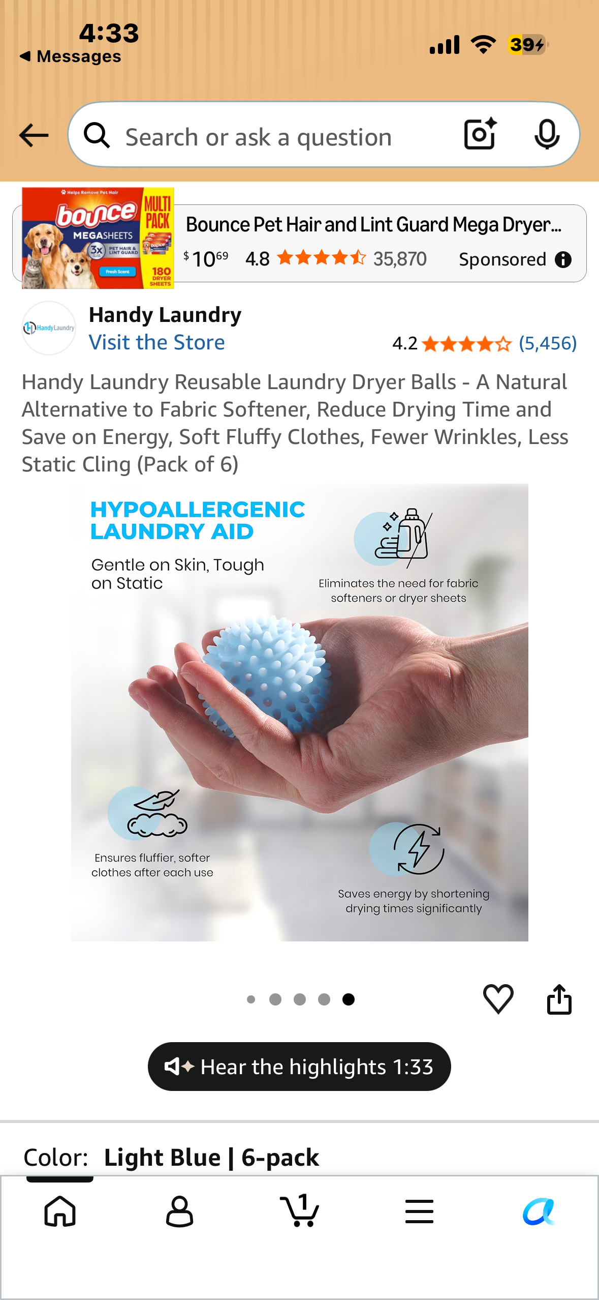 Handy Laundry Reusable Laundry Dryer Balls - A Natural Alternative to Fabric Softener, Reduce Drying Time and Save on Energy, Soft Fluffy Clothes, Fewer Wrinkles, Less Static Cling (Pack of 6)