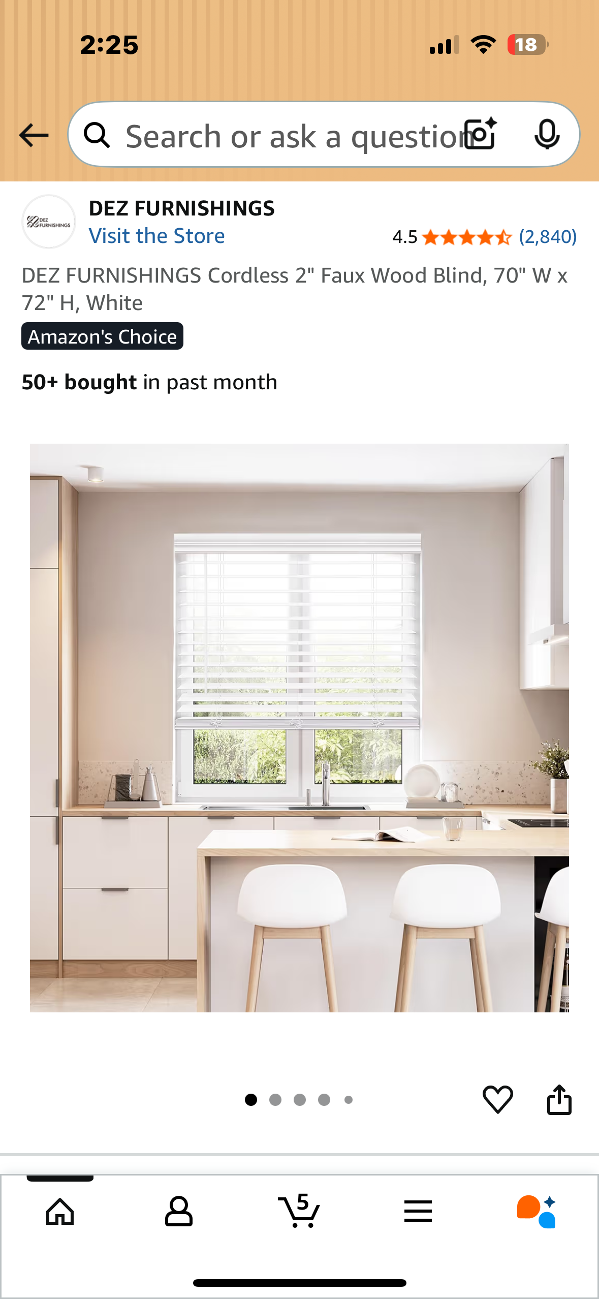 DEZ FURNISHINGS Cordless 2" Faux Wood Blind, 70" W x 72" H, White (L1073)