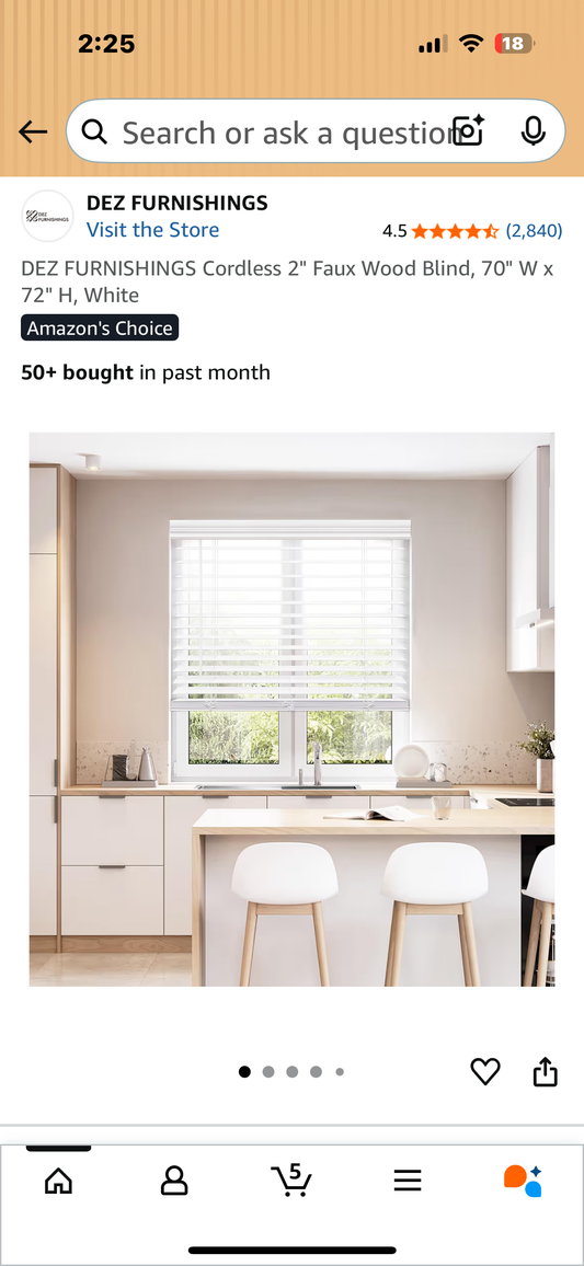 DEZ FURNISHINGS Cordless 2" Faux Wood Blind, 70" W x 72" H, White (L1073)