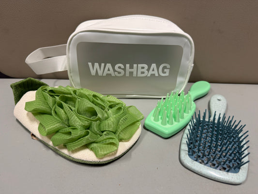 Washbag with Loofa/Exfoliator, Detangler Wet Brush, and Scalp Massager