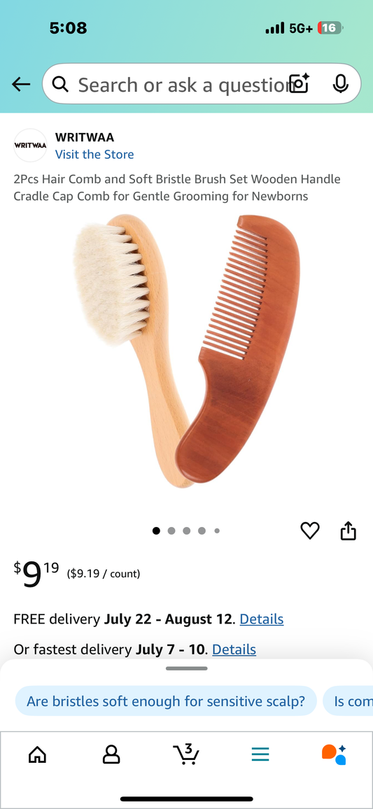 2Pcs Hair Comb and Soft Bristle Brush Set Wooden Handle Cradle Cap Comb for Gentle Grooming for Newborns