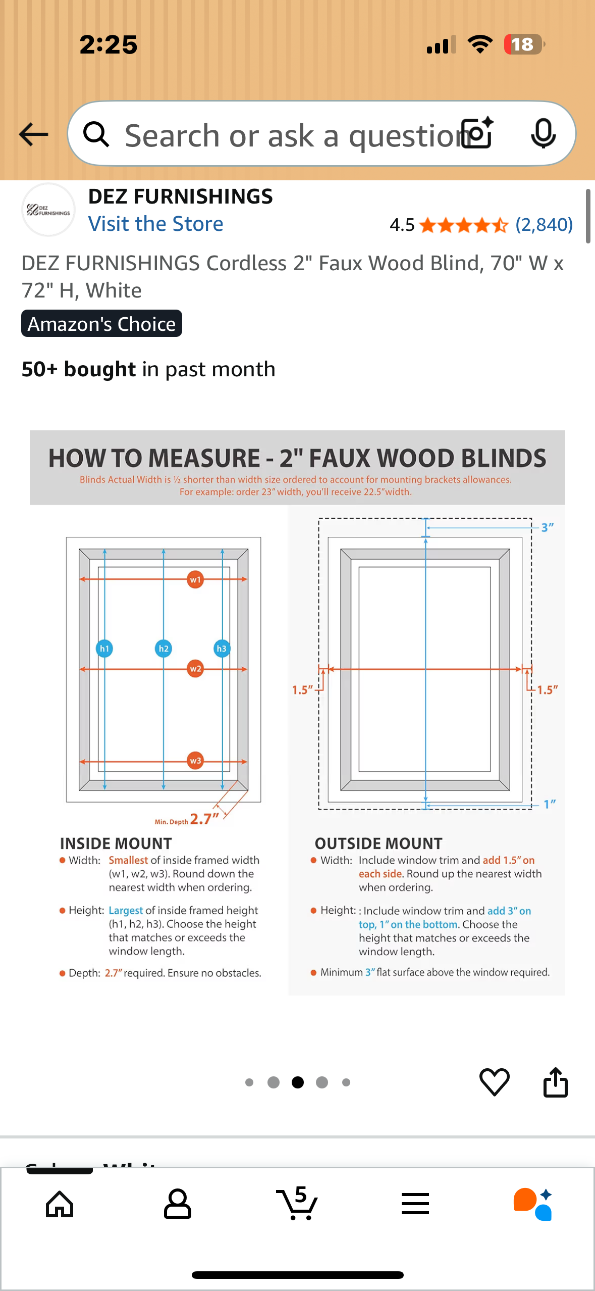 DEZ FURNISHINGS Cordless 2" Faux Wood Blind, 70" W x 72" H, White (L1073)